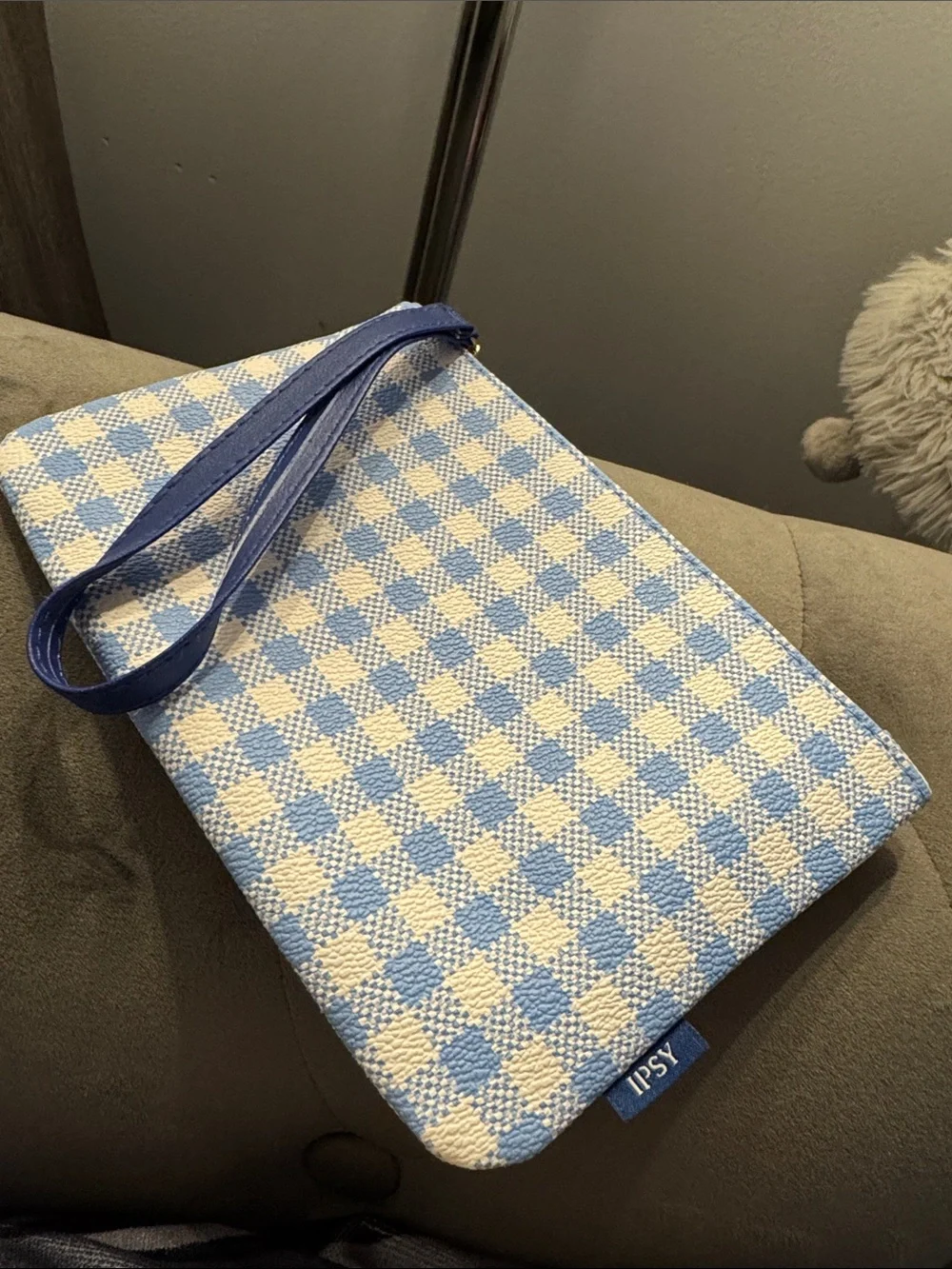 Ipsy Blue Gingham Faux Leather Glam Bag Wristlet